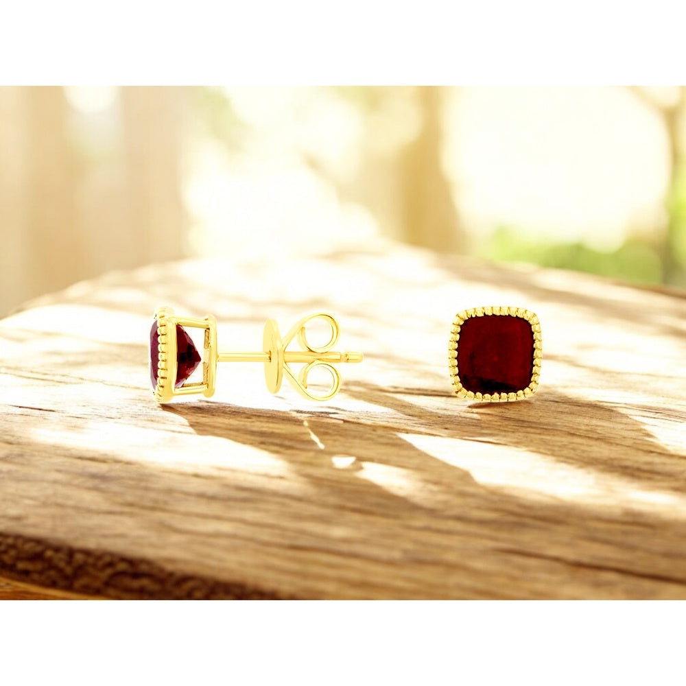 14K Yellow Gold Milgrain-Edge Cushion Cut Ruby Stud Earrings - 2.30 Carat Total Ruby Weight - Royal Jewelry
