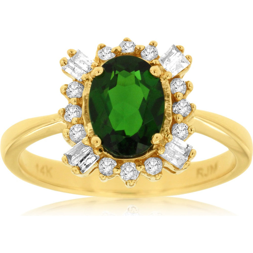 14K Yellow Gold Milgrain Halo Ring with Oval Russalite and Alternating Baguette and Round Diamonds - 1.30 Carat Russalite and 0.25 Carat Total Diamond Weight - Royal Jewelry