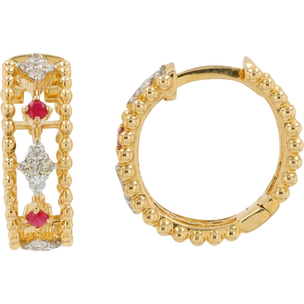 14K Yellow Gold Milgrain Huggie Hoop Earrings with Prong-Set Diamond and Ruby Accents - 0.30 Carat Total Diamond Weight and 0.15 Carat Total Gemstone Weight