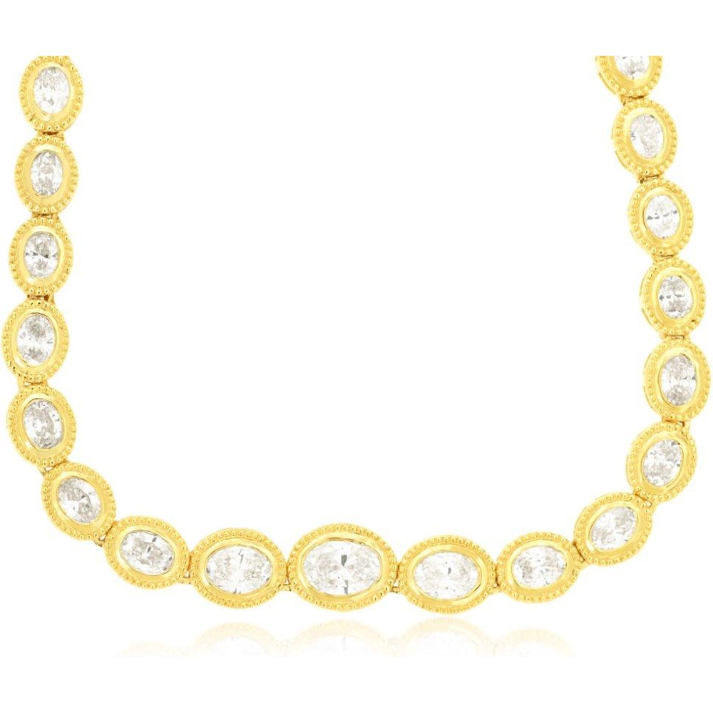 14K Yellow Gold Milgrain Tennis Necklace with Oval-Cut Diamonds - 3.10 Carat Total Diamond Weight - Royal Jewelry
