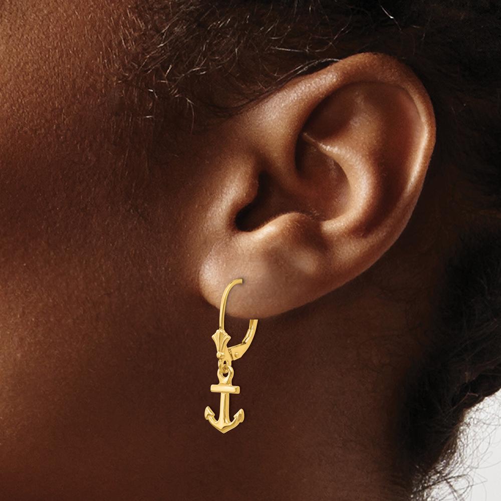 14K Yellow Gold Mini Anchor Leverback Drop Earrings - Polished Finish by Oro Pregiato