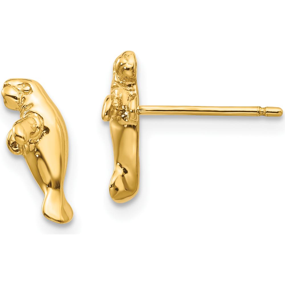 14K Yellow Gold Mini Manatee Post Earrings - Whimsical Design in Polished Finish by 0