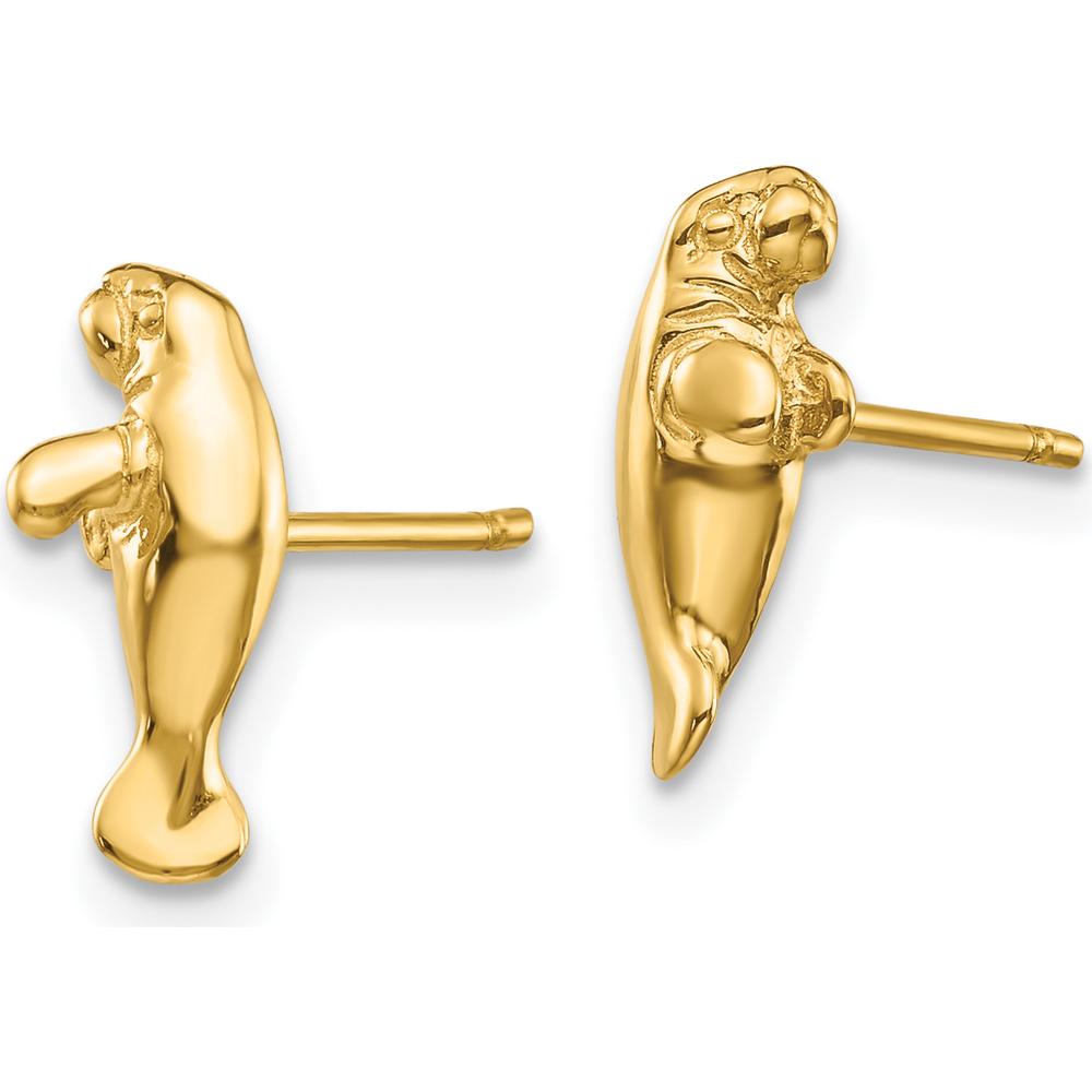 14K Yellow Gold Mini Manatee Post Earrings - Whimsical Design in Polished Finish by 0