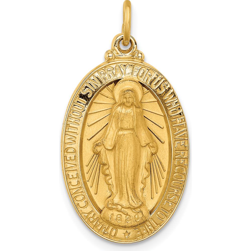14K Yellow Gold Miraculous Medal Oval Pendant with Polished and Satin Finish - 27.7mm Length by Oro Pregiato