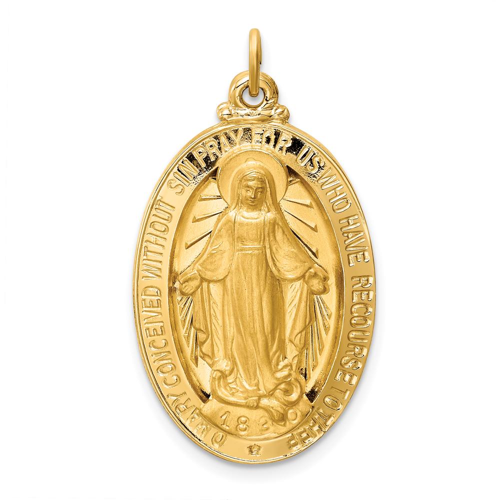 14K Yellow Gold Miraculous Medal Oval Pendant with Polished and Satin Finish by Oro Pregiato