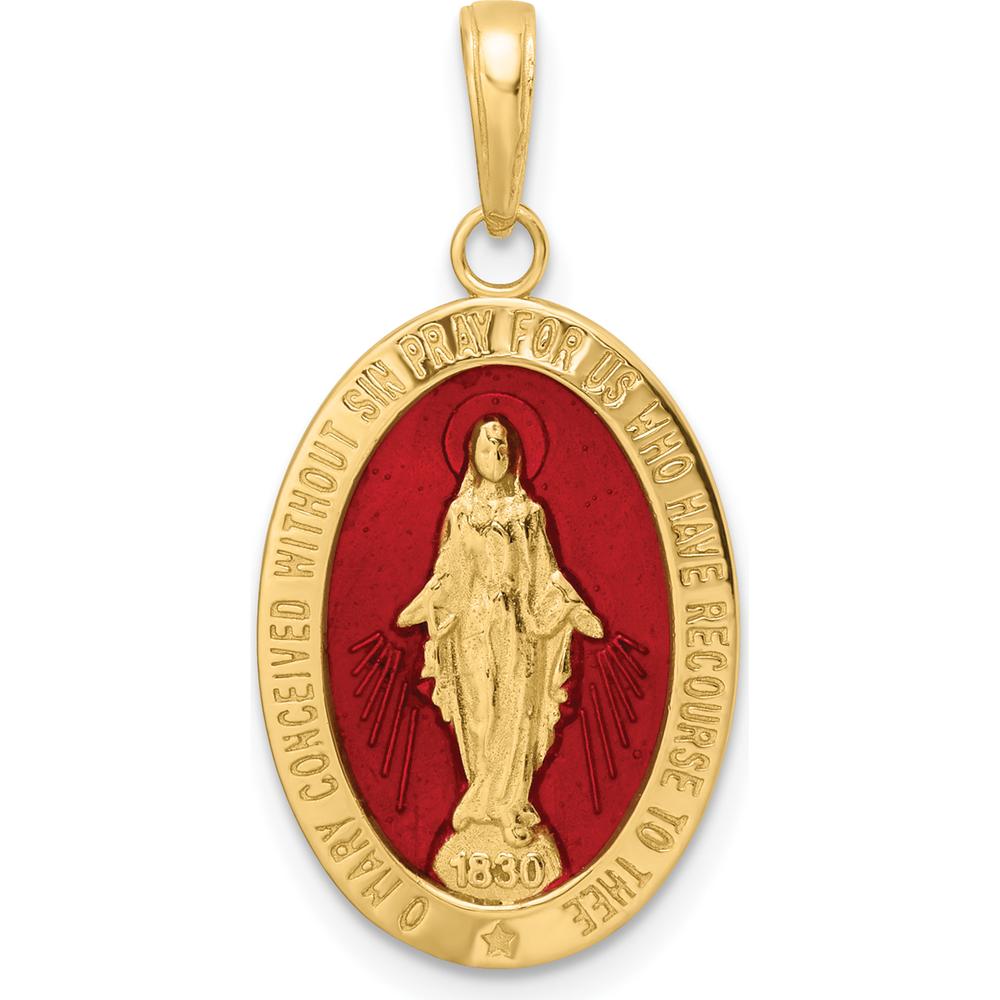 14K Yellow Gold Miraculous Medal Oval Pendant with Red Enamel - Faithful Devotion Charm by Oro Pregiato