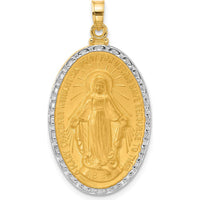 14K Yellow Gold Miraculous Medal Oval Pendant with White Rhodium Satin Finish by Oro Pregiato