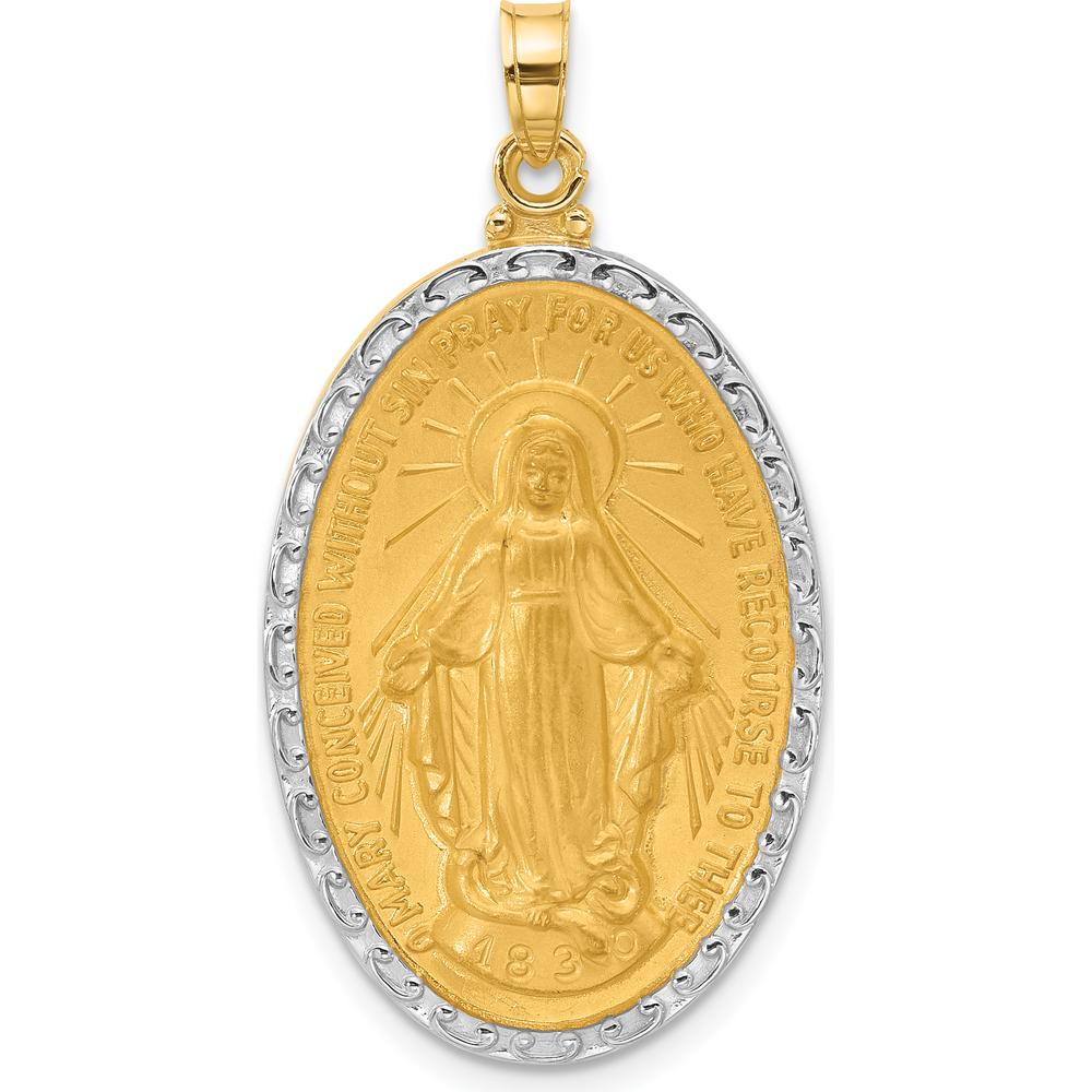 14K Yellow Gold Miraculous Medal Oval Pendant with White Rhodium Satin Finish by Oro Pregiato