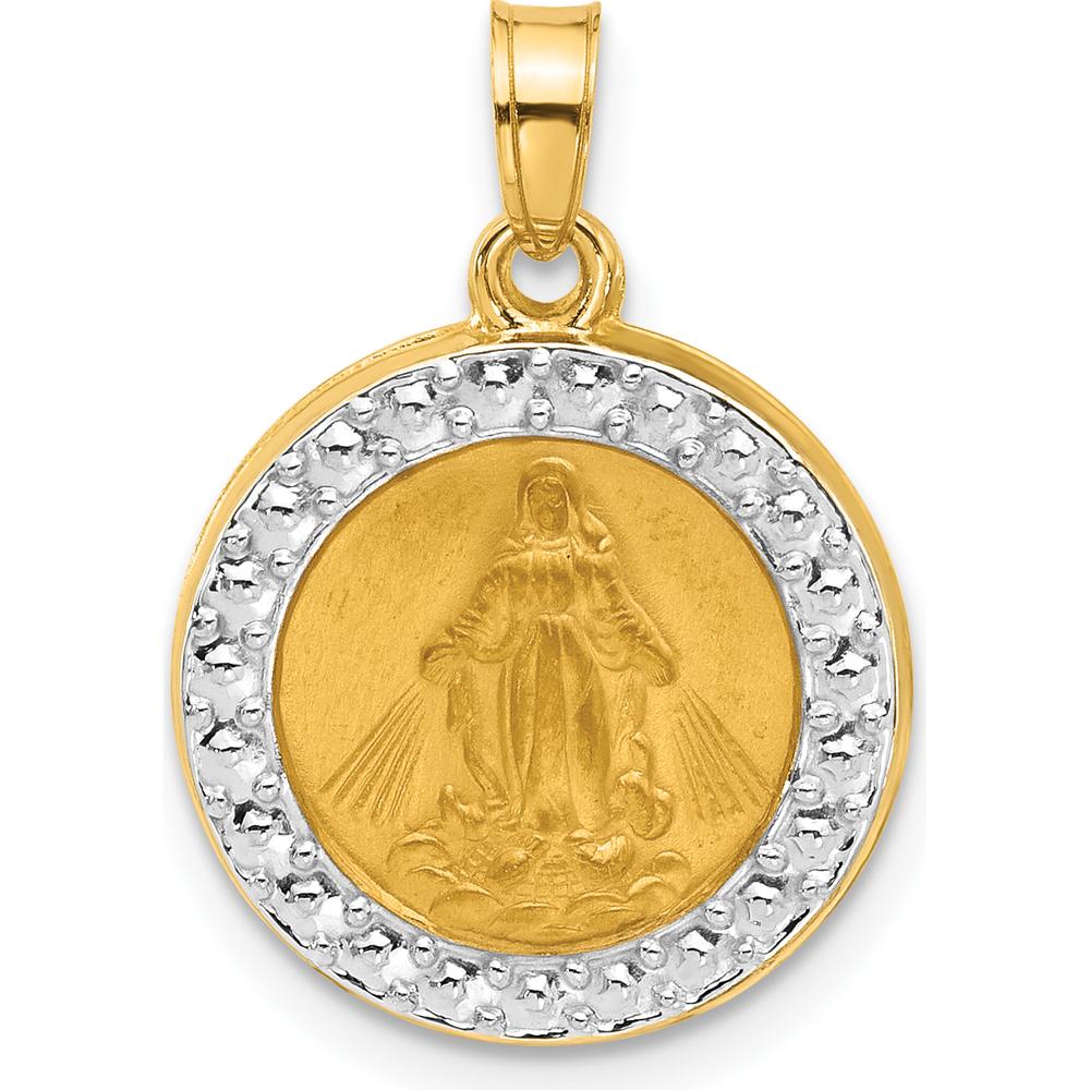 14K Yellow Gold Miraculous Medal Pendant with Rhodium Accents and Satin Finish - 21.3mm Length by Oro Pregiato