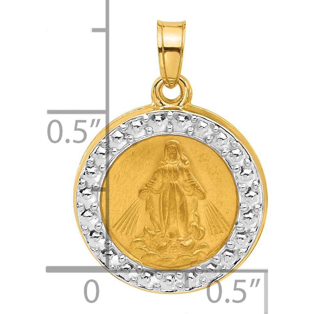14K Yellow Gold Miraculous Medal Pendant with Rhodium Accents and Satin Finish - 21.3mm Length by Oro Pregiato