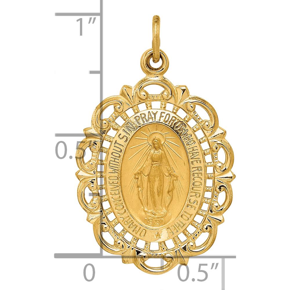 14K Yellow Gold Miraculous Medal Scalloped Edge Oval Pendant - Polished and Satin Finish by Oro Pregiato