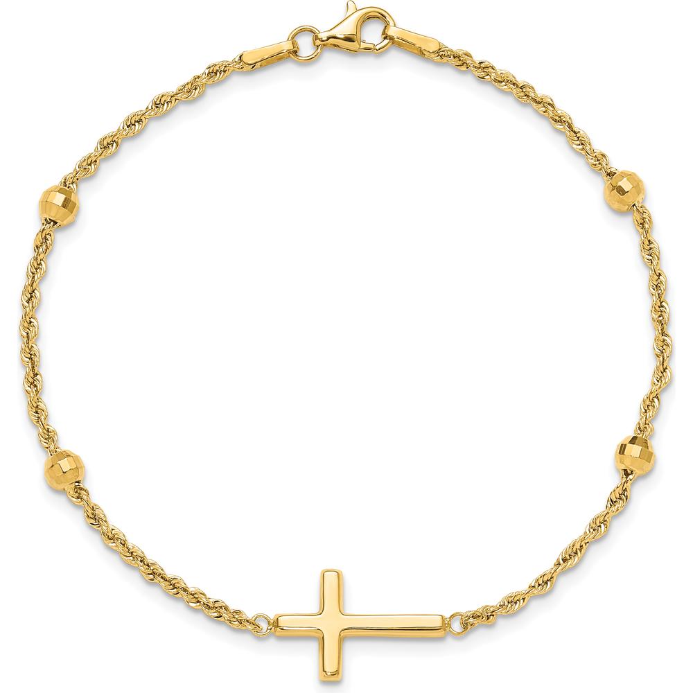14K Yellow Gold Mirror Beads and Cross 7.5" Bracelet with Ropa Chain - Polished Finish by Oro Pregiato