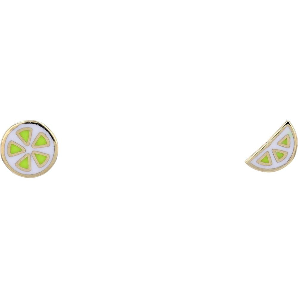 14K Yellow Gold Mismatched Lime Slice Enamel Stud Earrings