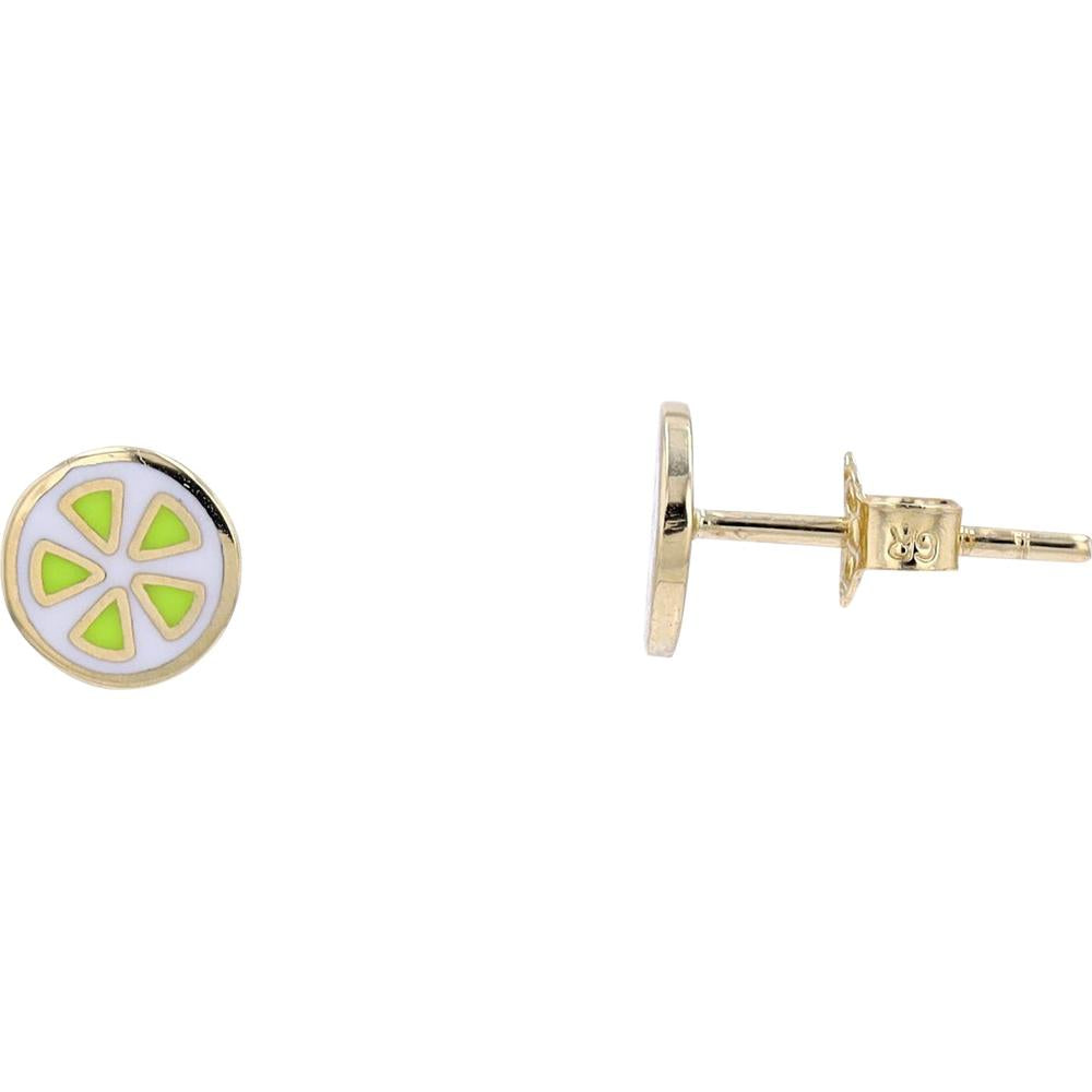 14K Yellow Gold Mismatched Lime Slice Enamel Stud Earrings