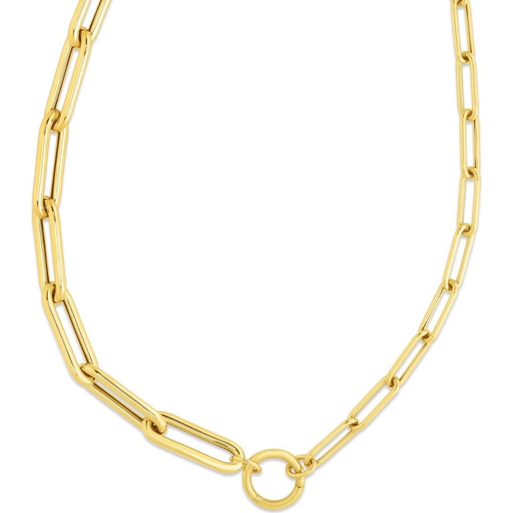 14K Yellow Gold Mixed Gauge Paperclip Necklace with Polished Circle Element - 18" by Orozza Fine Jewelry