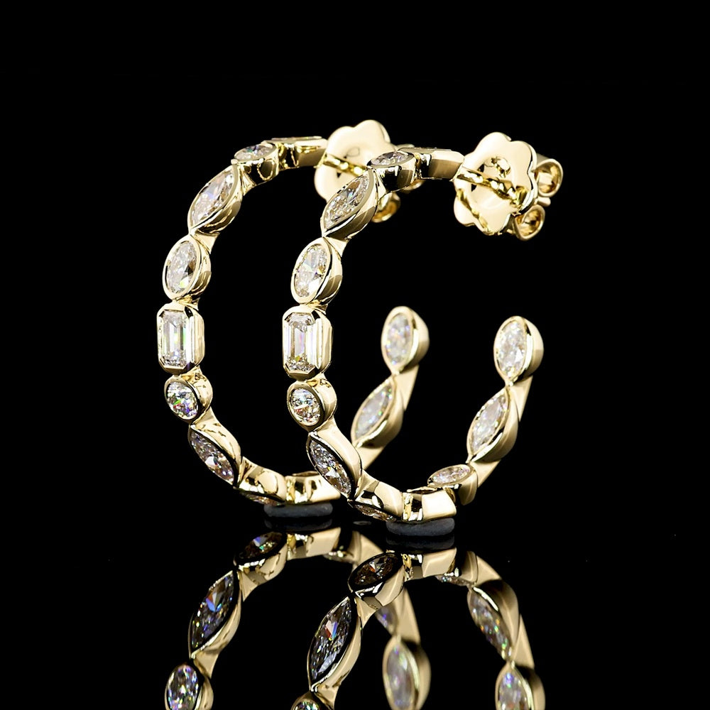 14K Yellow Gold Mixed Shape C-Hoop Earrings with Bezel-Set Emerald and Brilliant Cut Lab Diamonds - 2.96 Carats Total Diamond Weight - Covaloro Fine Jewelry