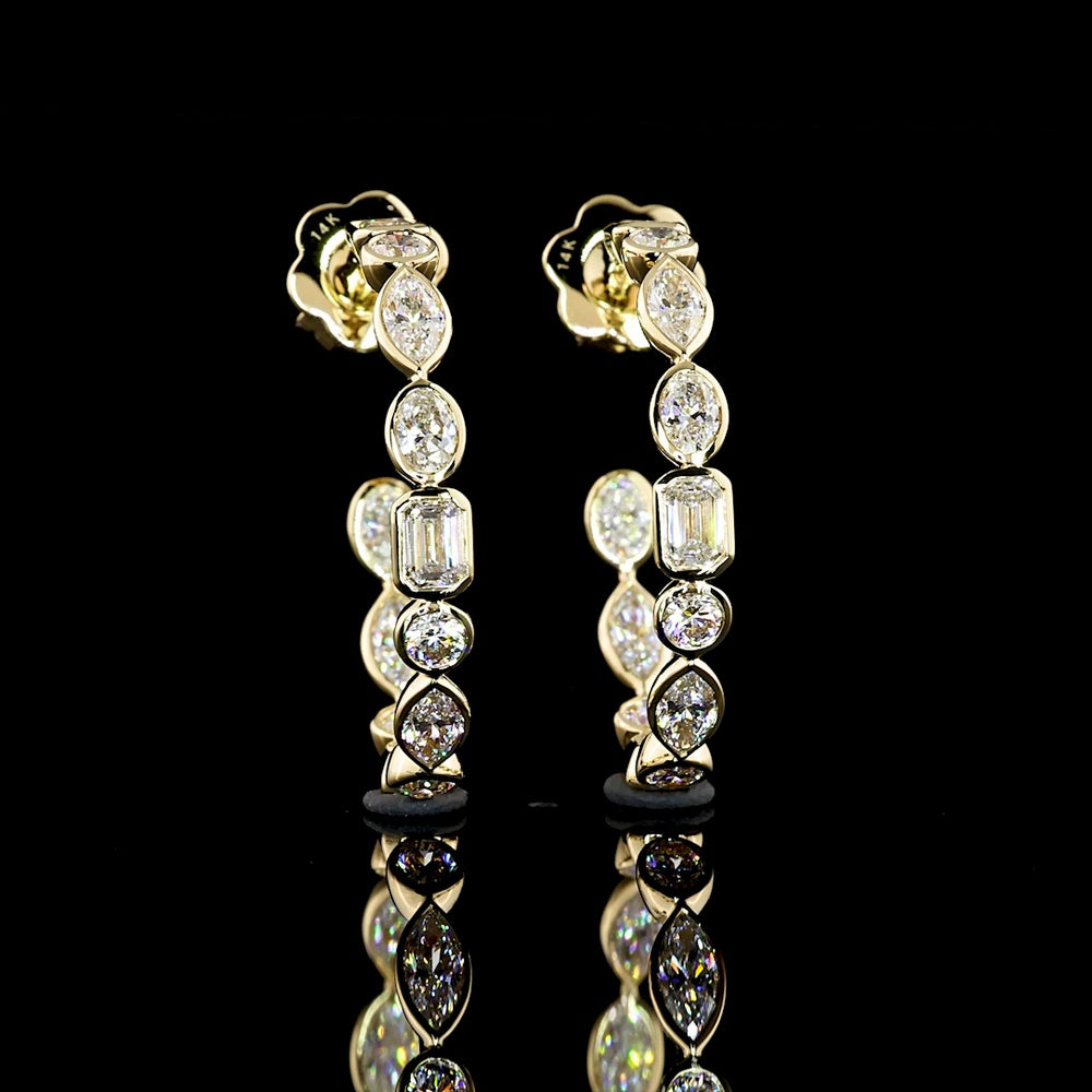 14K Yellow Gold Mixed Shape C-Hoop Earrings with Bezel-Set Emerald and Brilliant Cut Lab Diamonds - 2.96 Carats Total Diamond Weight - Covaloro Fine Jewelry