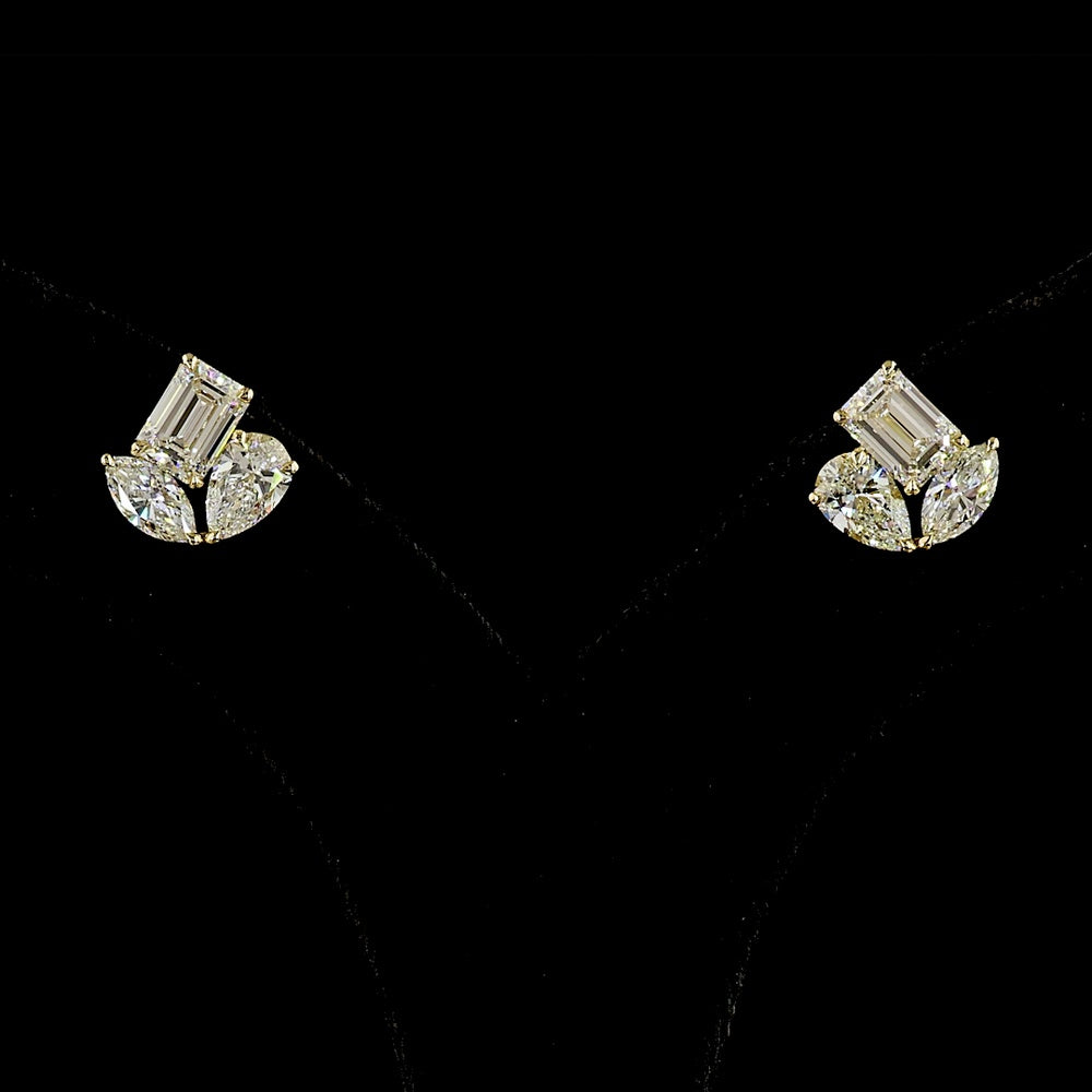14K Yellow Gold Mixed Shape Cluster Stud Earrings with Emerald, Pear, and Marquise Lab Diamonds - 3.78 Carats Total Diamond Weight - Covaloro Fine Jewelry