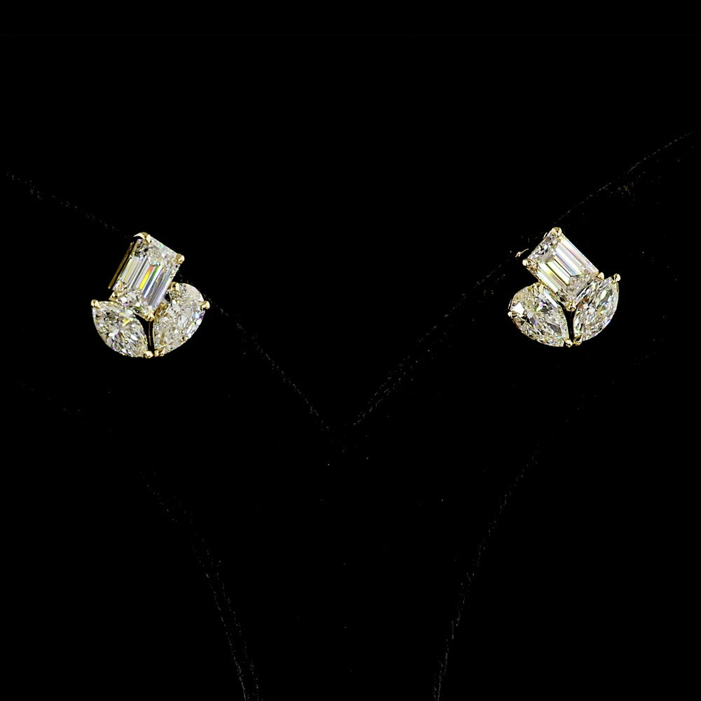14K Yellow Gold Mixed Shape Cluster Stud Earrings with Emerald, Pear, and Marquise Lab Diamonds - 3.78 Carats Total Diamond Weight - Covaloro Fine Jewelry