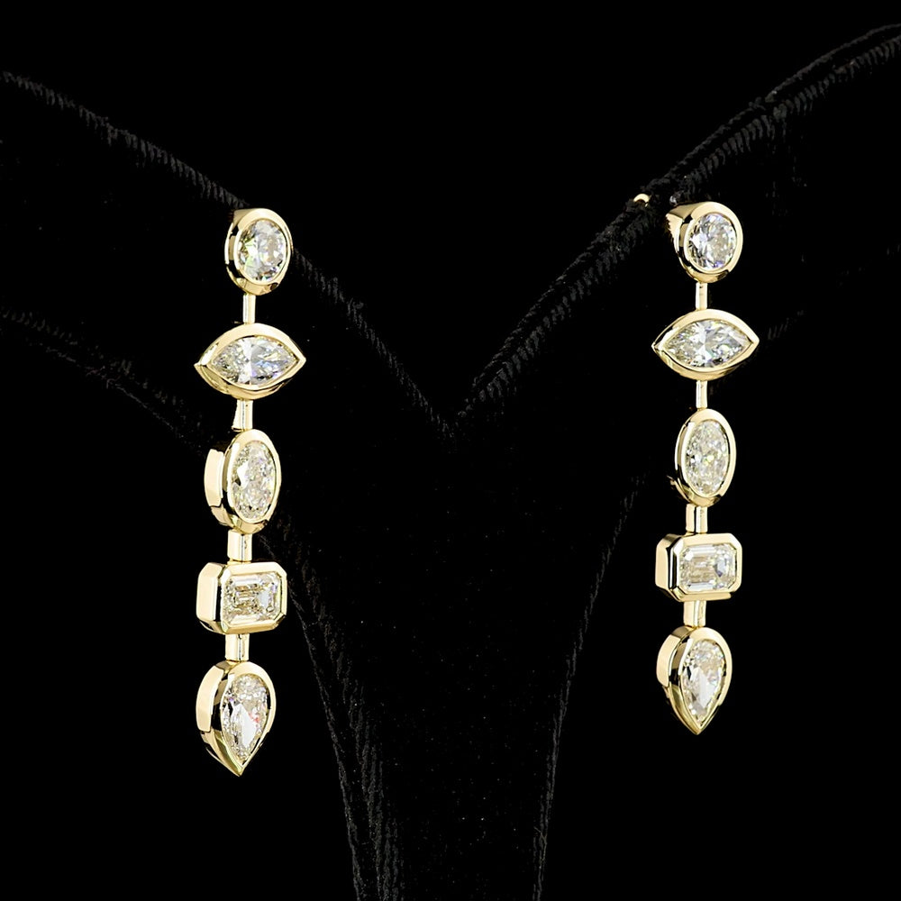 14K Yellow Gold Mixed Shape Drop Earrings with Bezel Set Lab Grown Diamonds - 5.16 Carat Total Weight (Round, Marquise, Oval, Emerald & Pear) - Covaloro Fine Jewelry