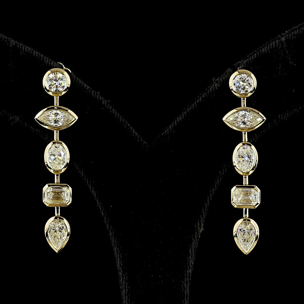 14K Yellow Gold Mixed Shape Drop Earrings with Bezel Set Lab Grown Diamonds - 5.16 Carat Total Weight (Round, Marquise, Oval, Emerald & Pear) - Covaloro Fine Jewelry