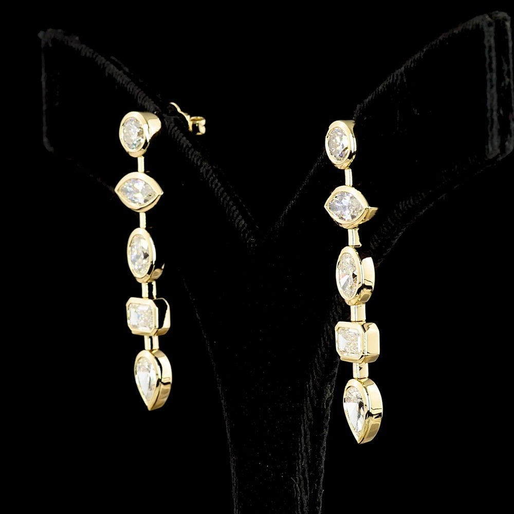 14K Yellow Gold Mixed Shape Drop Earrings with Bezel Set Lab Grown Diamonds - 5.16 Carat Total Weight (Round, Marquise, Oval, Emerald & Pear) - Covaloro Fine Jewelry