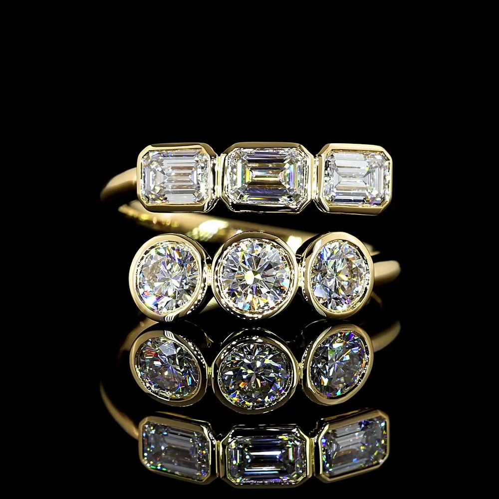 14K Yellow Gold Mixed Shape Eternity Band with Bezel Set Emerald Cut and Brilliant Cut Lab Diamonds - 1.78 Carats Total Diamond Weight - Covaloro Fine Jewelry