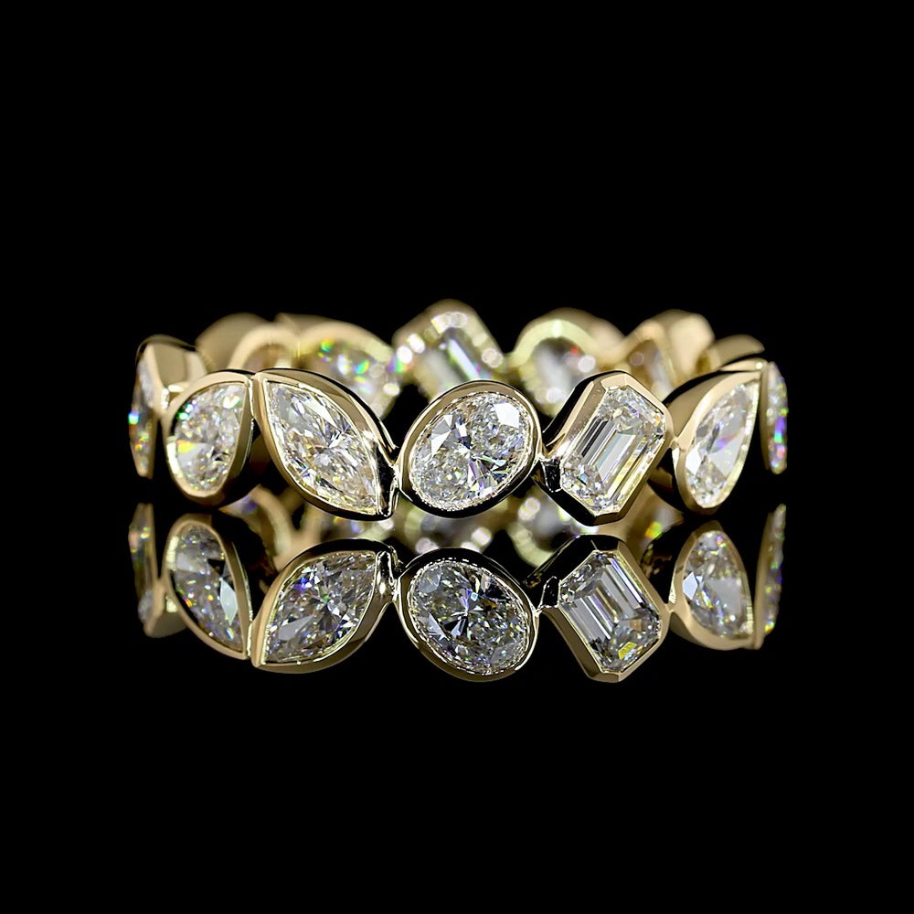 14K Yellow Gold Mixed Shape Eternity Band with Bezel Set Oval, Marquise, Pear and Baguette Lab Diamonds - 2.11 Carats Total Diamond Weight - Covaloro Fine Jewelry