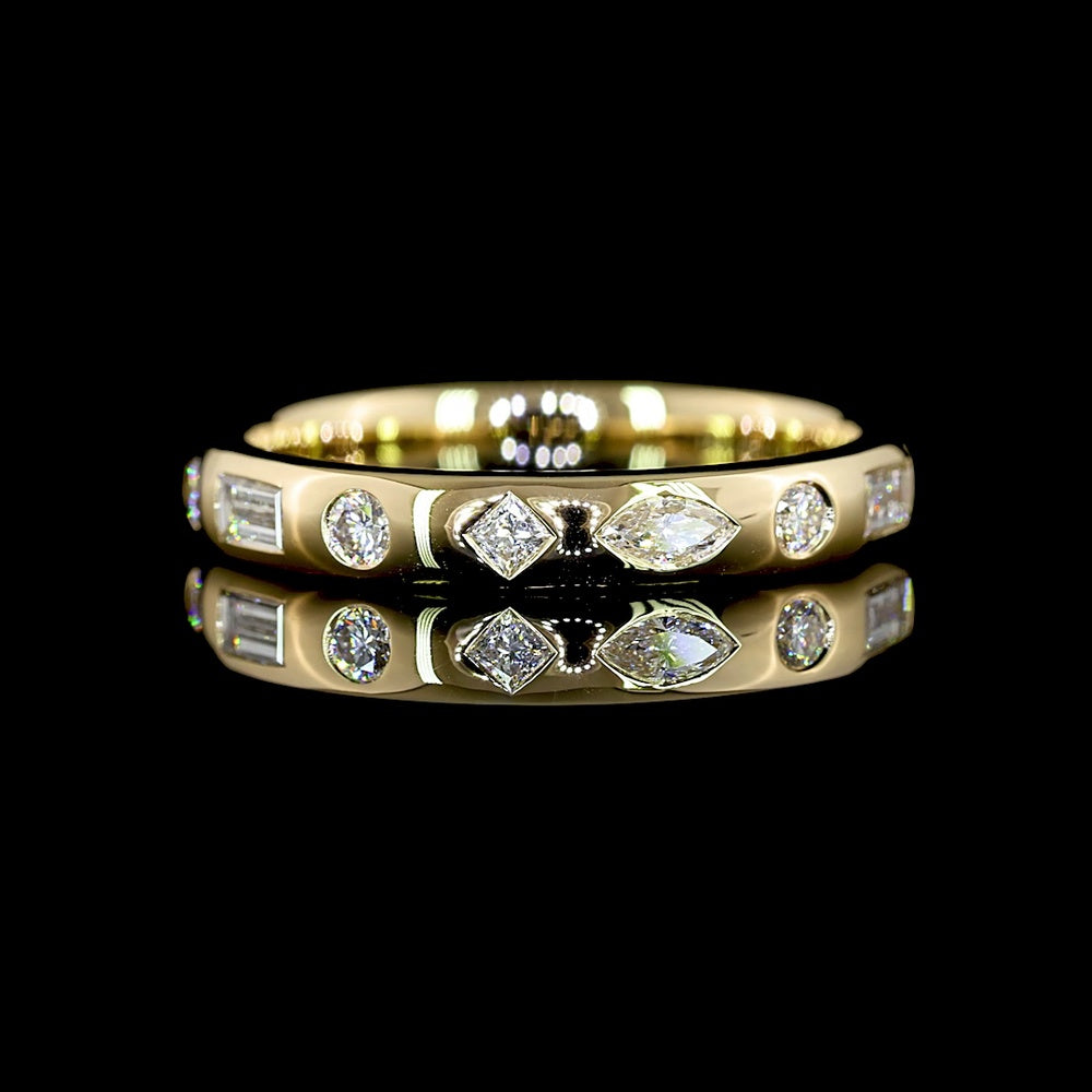 14K Yellow Gold Mixed Shape Eternity Band with Flush Set Baguette, Marquise, and Round Lab Diamonds - 0.62 Carat Total Weight - Covaloro Fine Jewelry