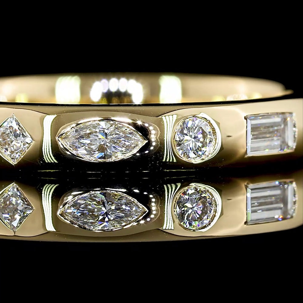 14K Yellow Gold Mixed Shape Eternity Band with Flush Set Baguette, Marquise, and Round Lab Diamonds - 0.62 Carat Total Weight - Covaloro Fine Jewelry