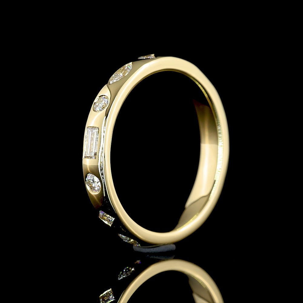 14K Yellow Gold Mixed Shape Eternity Band with Flush Set Baguette, Marquise, and Round Lab Diamonds - 0.62 Carat Total Weight - Covaloro Fine Jewelry