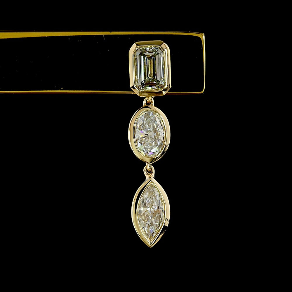 14K Yellow Gold Mixed Shape Hanging Earrings with Bezel Set Emerald, Oval, and Marquise Cut Lab Diamonds - 1.56 Carats Total Diamond Weight - Covaloro Fine Jewelry