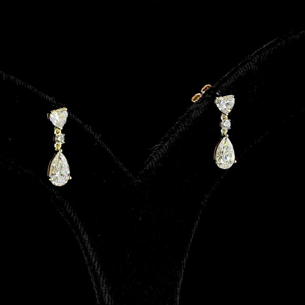 14K Yellow Gold Mixed Shape Hanging Earrings with Heart, Round, and Pear Lab Diamonds - 1.64 Carat Total Diamond Weight (Select Stones) / 3.28 Carat Total Diamond Weight (All Stones) - Covaloro Fine Jewelry