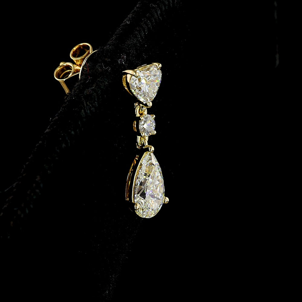 14K Yellow Gold Mixed Shape Hanging Earrings with Heart, Round, and Pear Lab Diamonds - 1.64 Carat Total Diamond Weight (Select Stones) / 3.28 Carat Total Diamond Weight (All Stones) - Covaloro Fine Jewelry