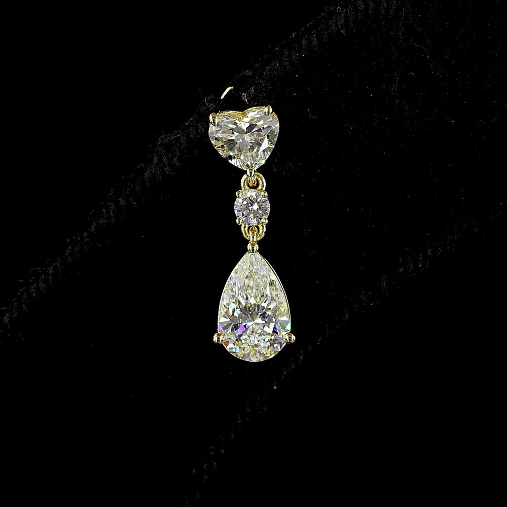 14K Yellow Gold Mixed Shape Hanging Earrings with Heart, Round, and Pear Lab Diamonds - 1.64 Carat Total Diamond Weight (Select Stones) / 3.28 Carat Total Diamond Weight (All Stones) - Covaloro Fine Jewelry