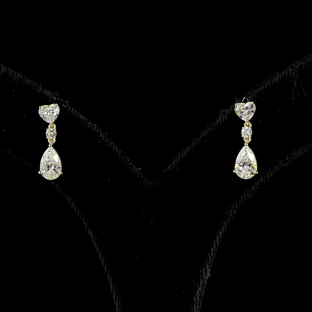 14K Yellow Gold Mixed Shape Hanging Earrings with Heart, Round, and Pear Lab Diamonds - 1.64 Carat Total Diamond Weight (Select Stones) / 3.28 Carat Total Diamond Weight (All Stones) - Covaloro Fine Jewelry