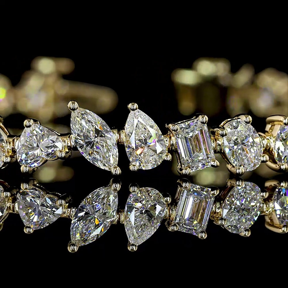 14K Yellow Gold Mixed Shape Station Bracelet with Inclined Prong Set Lab Diamonds - 6.96 Carat Total Weight - Covaloro Fine Jewelry