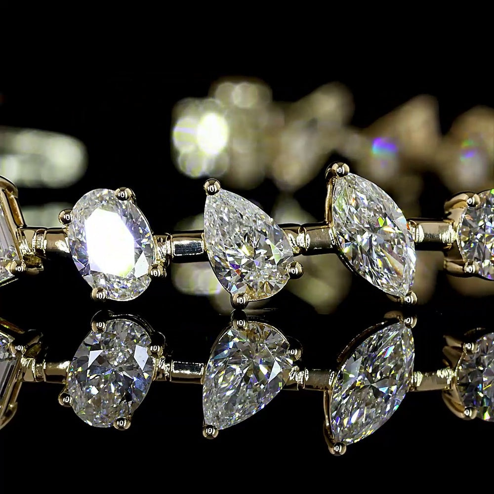 14K Yellow Gold Mixed Shape Station Bracelet with Oval, Emerald & Round Lab Diamonds - 7.19 Carats Total Diamond Weight - Covaloro Fine Jewelry