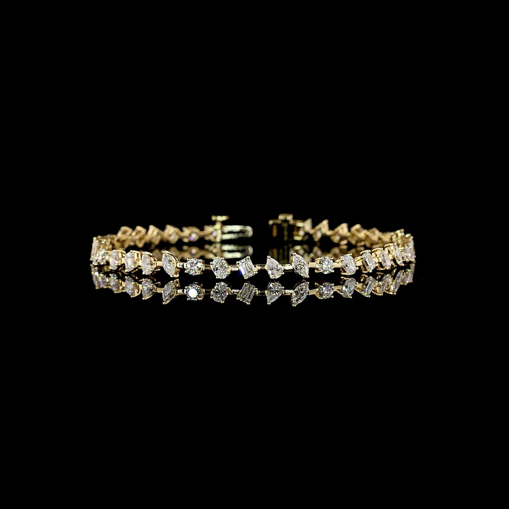 14K Yellow Gold Mixed Shape Station Bracelet with Oval, Emerald, Round, and Marquise Lab Diamonds - 3.98 Carat Total Diamond Weight - Covaloro Fine Jewelry