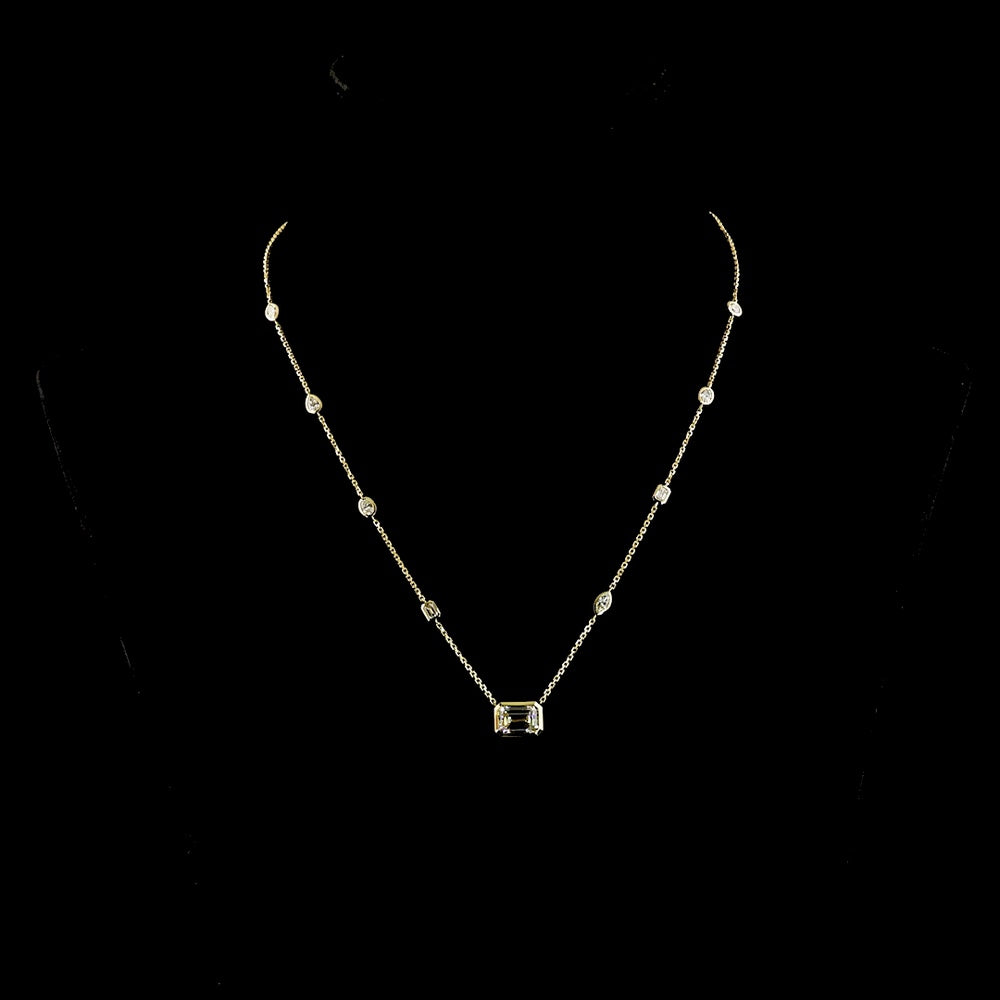 14K Yellow Gold Mixed Shape Station Necklace with Bezel Set Emerald Cut Lab Diamond Center - 3.02 Carats Total Diamond Weight - Covaloro Fine Jewelry
