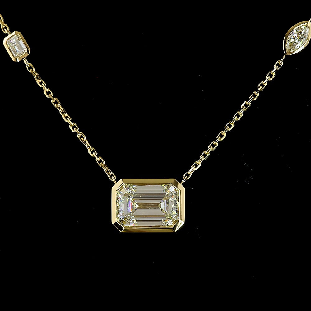 14K Yellow Gold Mixed Shape Station Necklace with Bezel Set Emerald Cut Lab Diamond Center - 3.02 Carats Total Diamond Weight - Covaloro Fine Jewelry