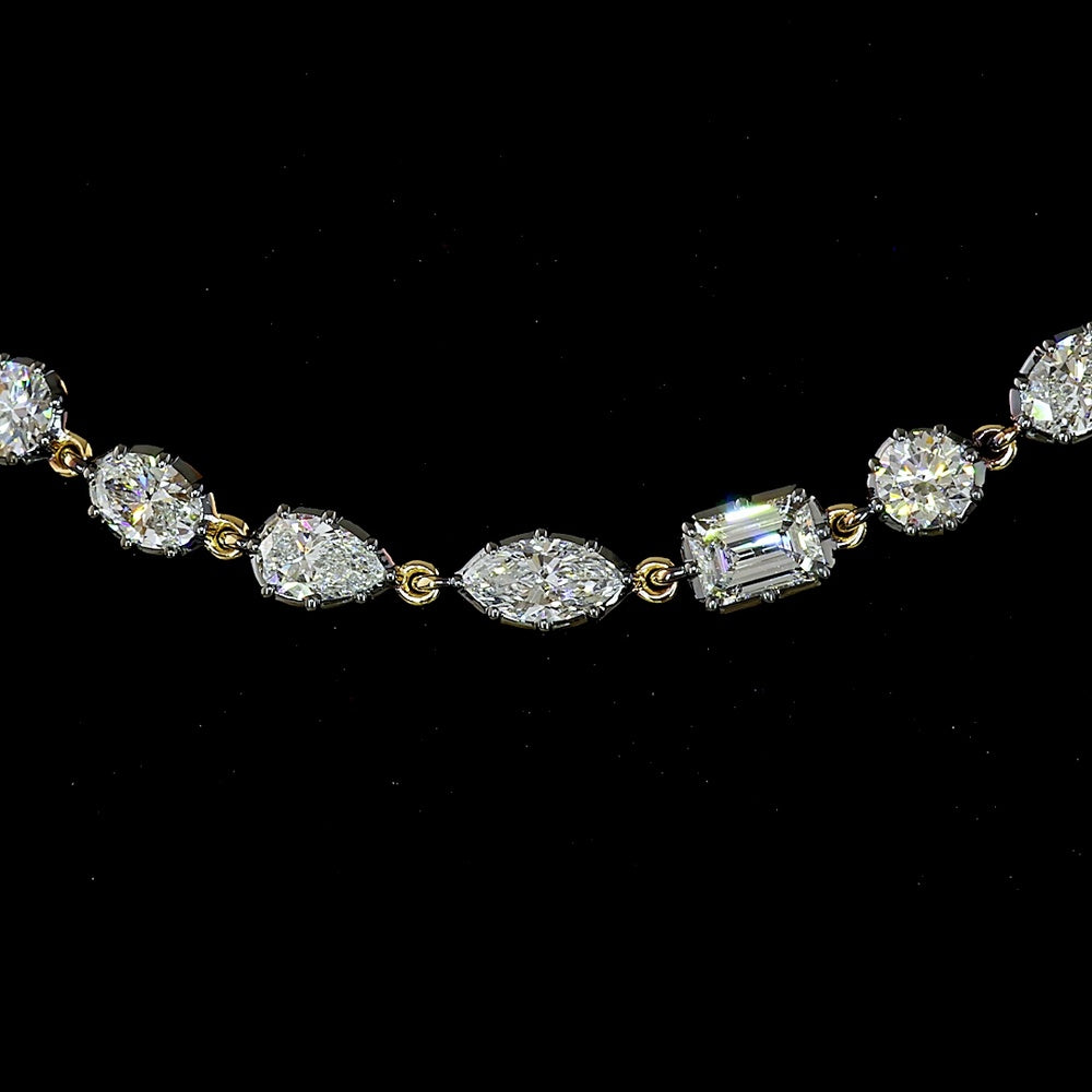14K Yellow Gold Mixed Shape Station Necklace with Emerald, Marquise, Oval, and Pear Lab Diamonds - Black Rhodium Accents - 10.32 Carats Total Diamond Weight - Covaloro Fine Jewelry