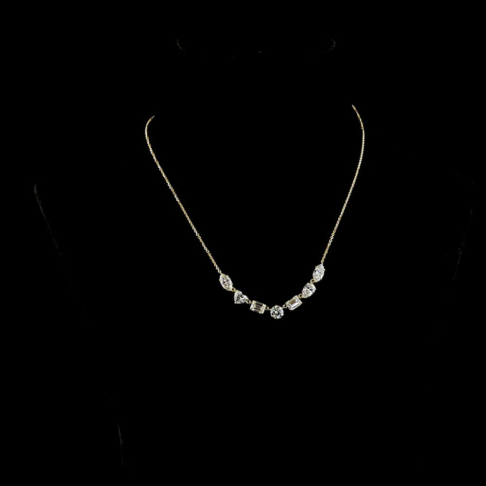 14K Yellow Gold Mixed Shape Station Necklace with Heart, Marquise, Emerald, and Pear Cut Lab Diamonds - 5.41 Carat Total Weight - Covaloro Fine Jewelry