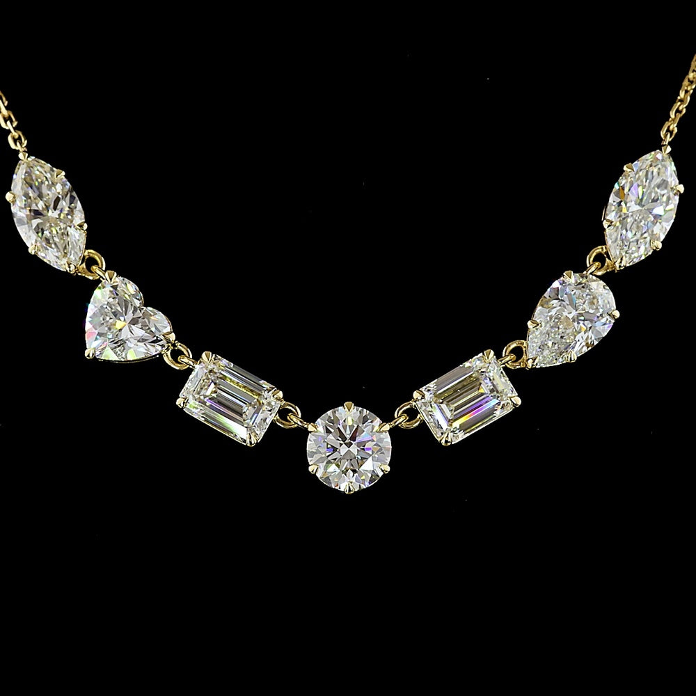 14K Yellow Gold Mixed Shape Station Necklace with Heart, Marquise, Emerald, and Pear Cut Lab Diamonds - 5.41 Carat Total Weight - Covaloro Fine Jewelry