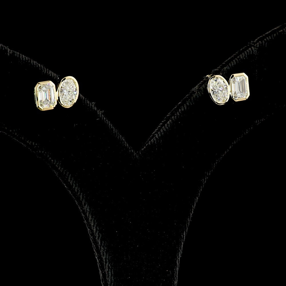 14K Yellow Gold Mixed Shape Stud Earrings with Bezel Set Oval and Emerald Cut Lab Diamonds - 1.83 Carats Total Diamond Weight - Covaloro Fine Jewelry