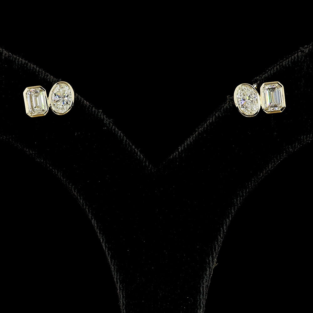 14K Yellow Gold Mixed Shape Stud Earrings with Bezel Set Oval and Emerald Cut Lab Diamonds - 1.83 Carats Total Diamond Weight - Covaloro Fine Jewelry