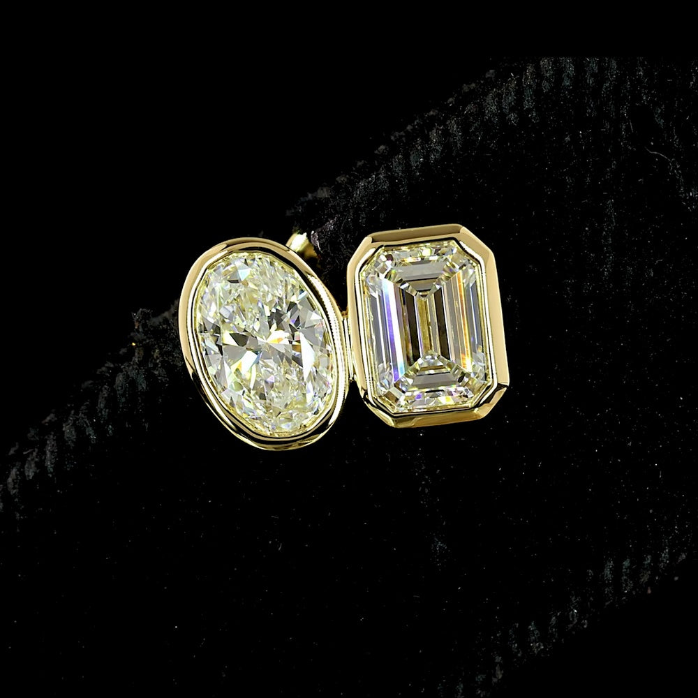 14K Yellow Gold Mixed Shape Stud Earrings with Bezel Set Oval and Emerald Cut Lab Diamonds - 1.83 Carats Total Diamond Weight - Covaloro Fine Jewelry