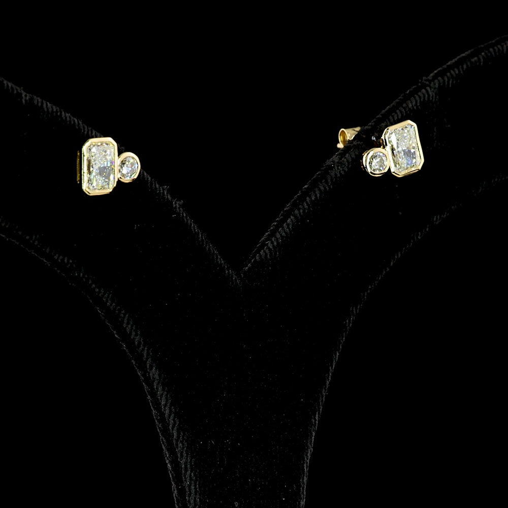 14K Yellow Gold Mixed Shape Stud Earrings with Bezel Set Radiant and Brilliant Cut Lab Diamonds - 1.46 Carats Total Diamond Weight - Covaloro Fine Jewelry