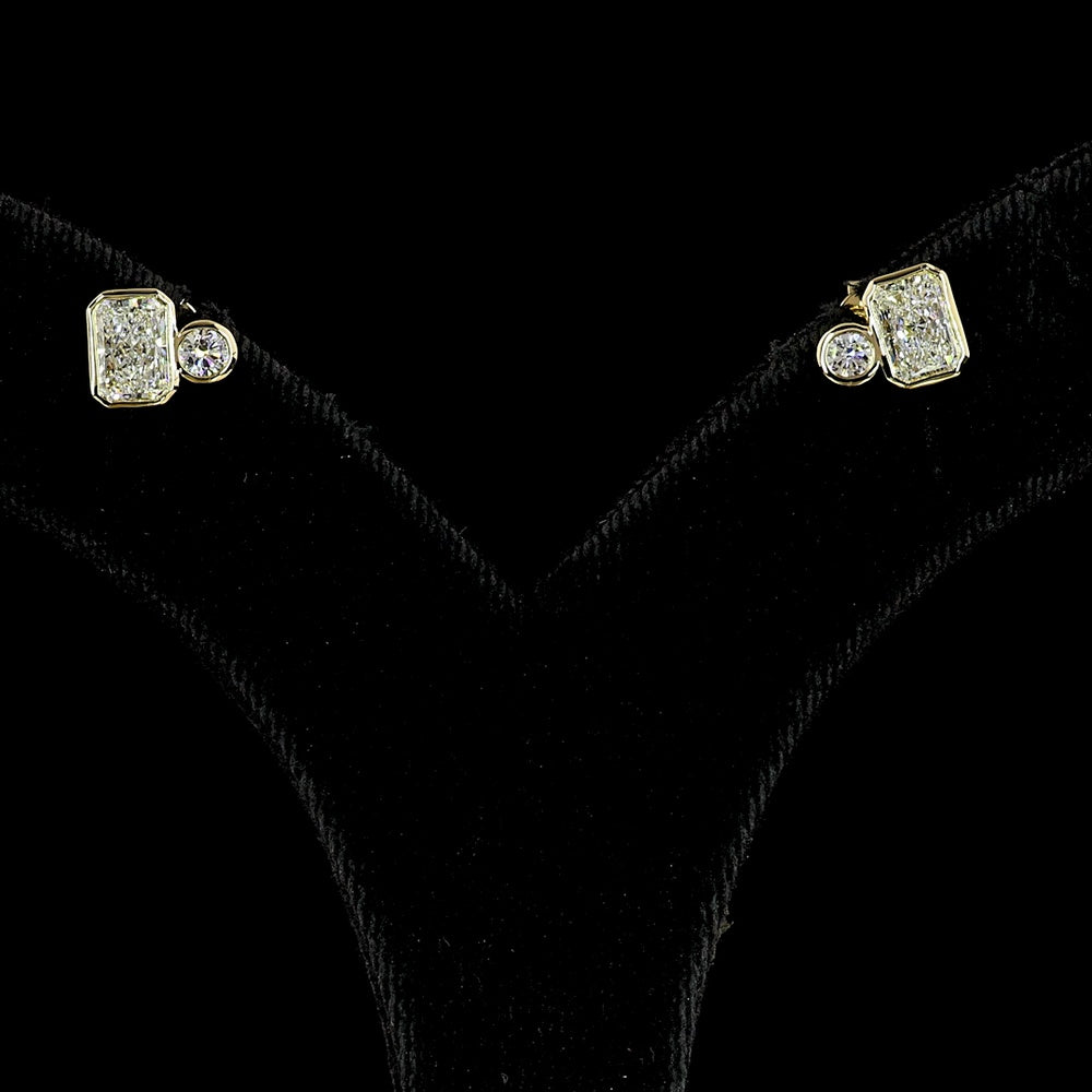 14K Yellow Gold Mixed Shape Stud Earrings with Bezel Set Radiant and Brilliant Cut Lab Diamonds - 1.46 Carats Total Diamond Weight - Covaloro Fine Jewelry