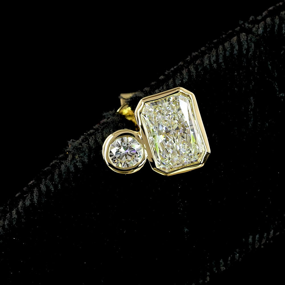 14K Yellow Gold Mixed Shape Stud Earrings with Bezel Set Radiant and Brilliant Cut Lab Diamonds - 1.46 Carats Total Diamond Weight - Covaloro Fine Jewelry